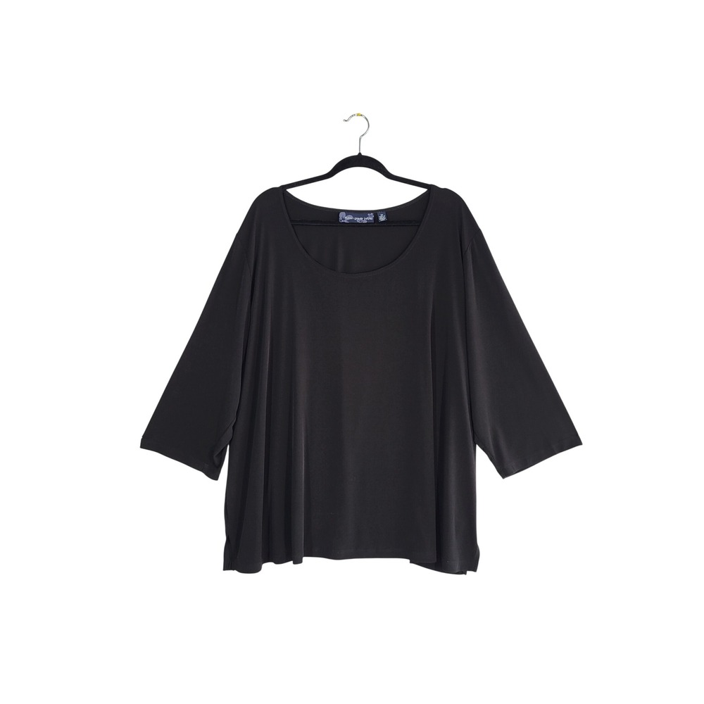 Susan Graver Liquid Knit Top Womens 3X Black Scoop Neck 3/4 Sleeve Side Slit